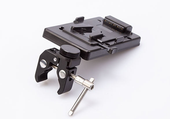 S-7200S | V-mount battery plate with clamp for tripod mount, and D-tap socket.