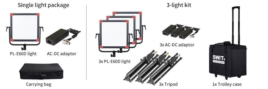 PL-E60D 3KIT | Lot de 3 dalles LED Natural-Born-Soft TLCI-99 60W 3ème génération, ultra fines, brevet SWIT, V-Mount, DMX