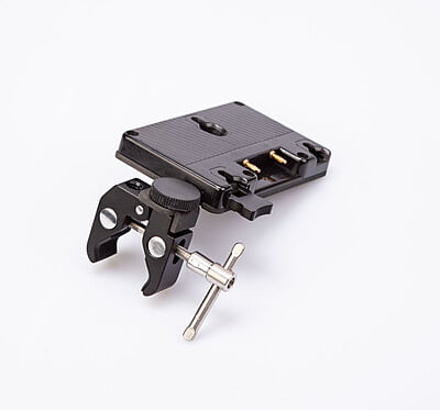 S-7200A | Gold-mount battery plate with clamp for tripod mount, and D-tap socket.