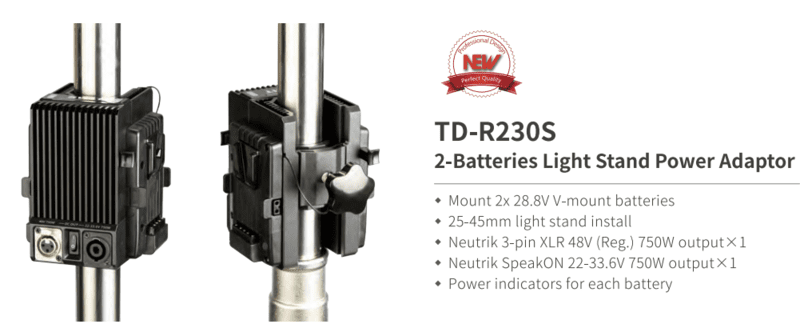 TD-R230S | 750W Super High load 48V/24V  Flexible Stand-mounted Adaptor for dual batterieS, V-mount